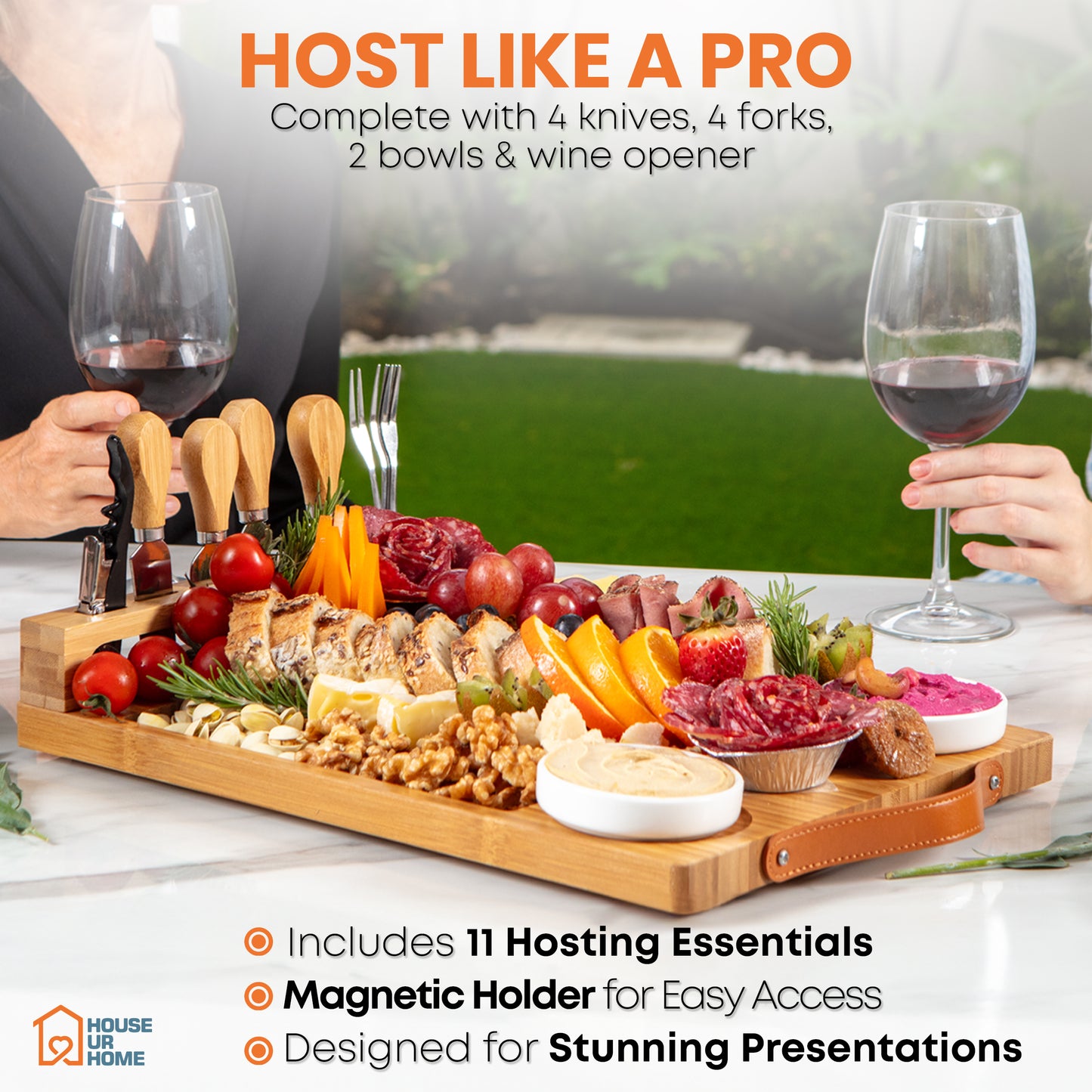 Bamboo Charcuterie Board Gift Set with Leather Handles, Knives, Wine Opener & Bowls – Elegant for Hosts, Couples & New Homeowners