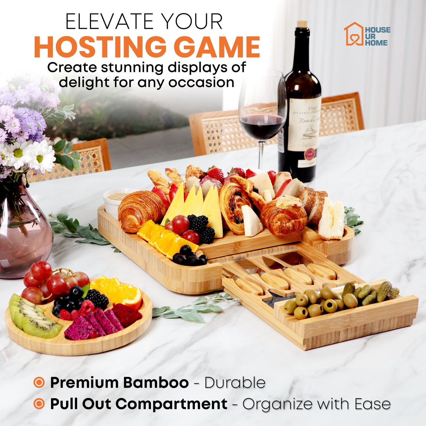 Large Bamboo Charcuterie Board Gift Set with Hidden Drawer, Fruit Tray, Knives & Bowls for Hosting & Holiday Entertaining