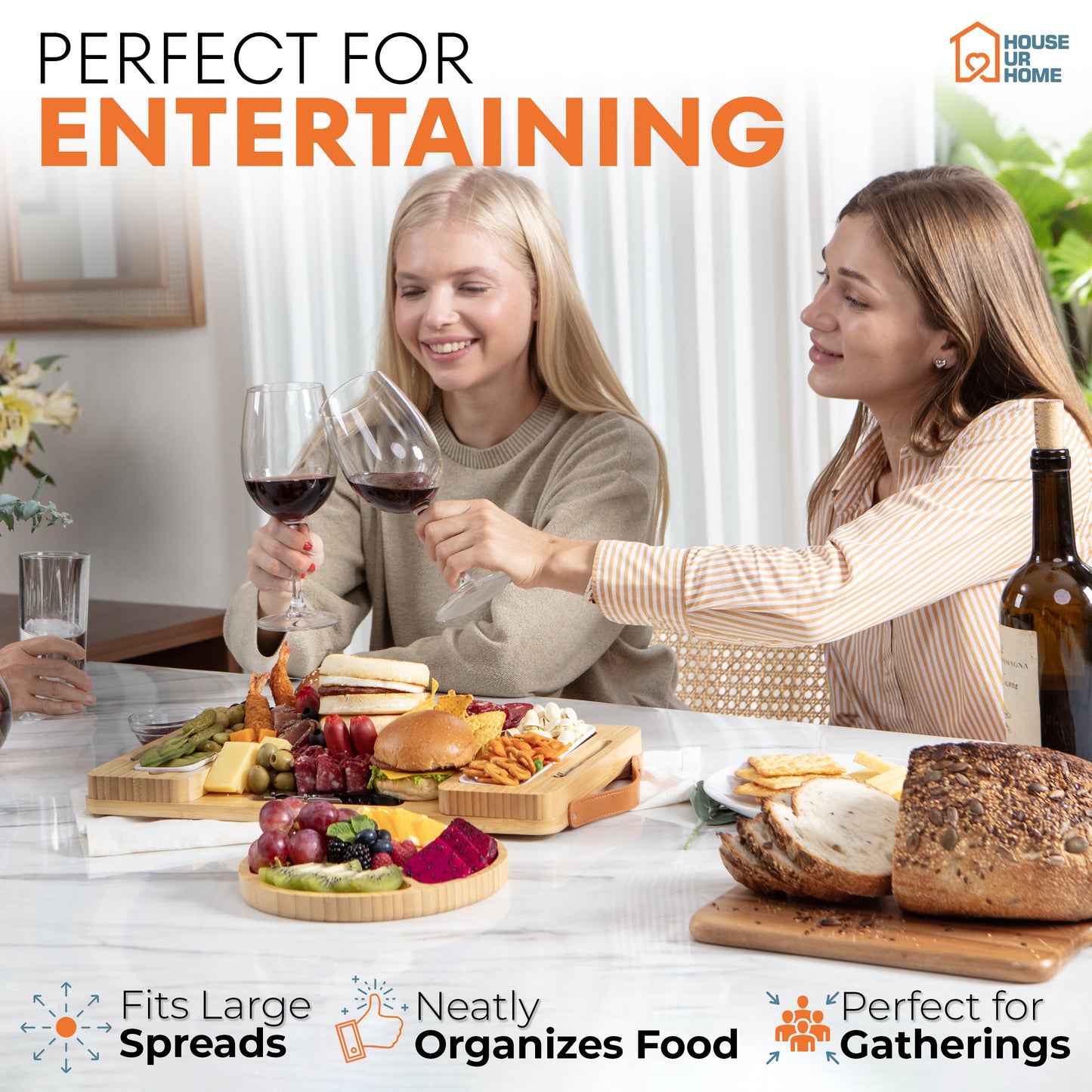 Bamboo Charcuterie Boards Gift Set with Magnetic Removable Side Trays, Fruit Tray, Handles, Cutlery-Ready Box & House Warming Gifts New Home