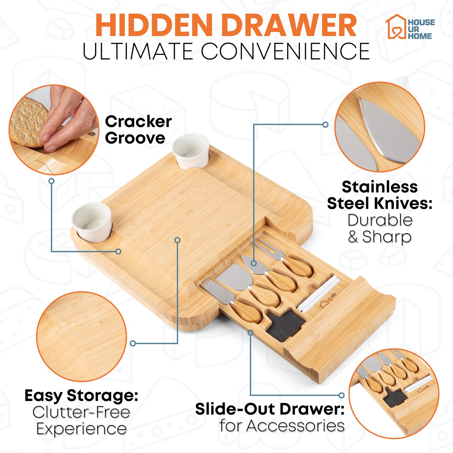 Large Bamboo Charcuterie Board Gift Set with Hidden Drawer, Fruit Tray, Knives & Bowls for Hosting & Holiday Entertaining