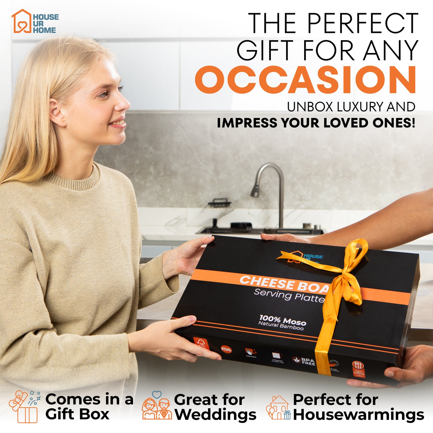 Bamboo Charcuterie Boards Gift Set with Magnetic Removable Side Trays, Fruit Tray, Handles, Cutlery-Ready Box & House Warming Gifts New Home