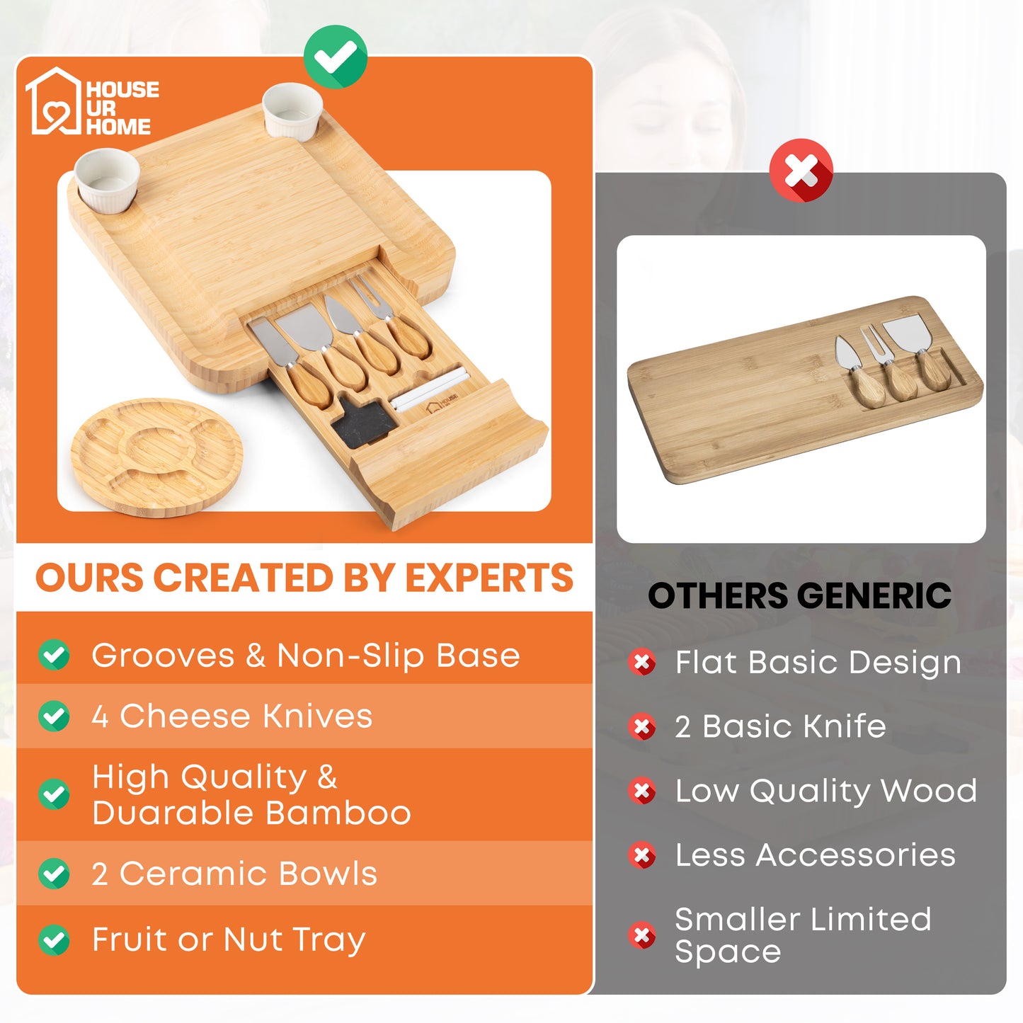 Large Bamboo Charcuterie Board Gift Set with Hidden Drawer, Fruit Tray, Knives & Bowls for Hosting & Holiday Entertaining