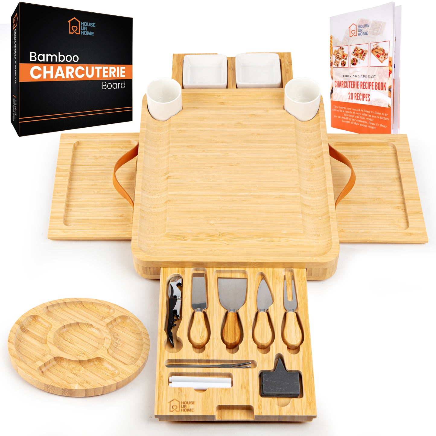 Large Bamboo Charcuterie Boards Gift Set with 4 Hidden Drawers, Cheese Knives, Ceramic Bowls & Plates & Recipe Book