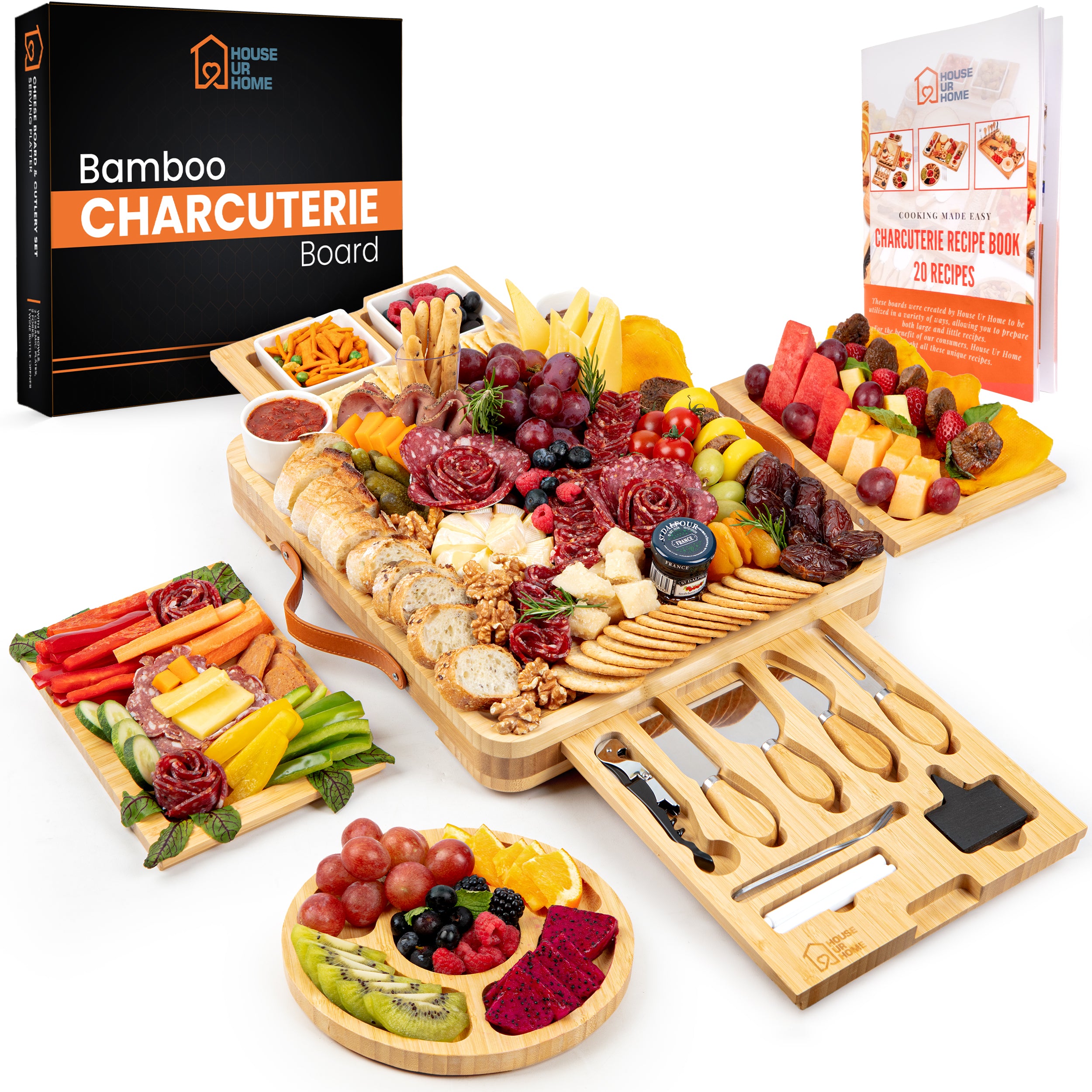 Large Bamboo Charcuterie Boards Gift Set with 4 Hidden Drawers, Cheese Knives, Ceramic Bowls & Plates & Recipe Book