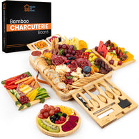 Large Bamboo Charcuterie Boards Gift Set with 4 Hidden Drawers, Cheese Knives, Ceramic Bowls & Plates & Recipe Book