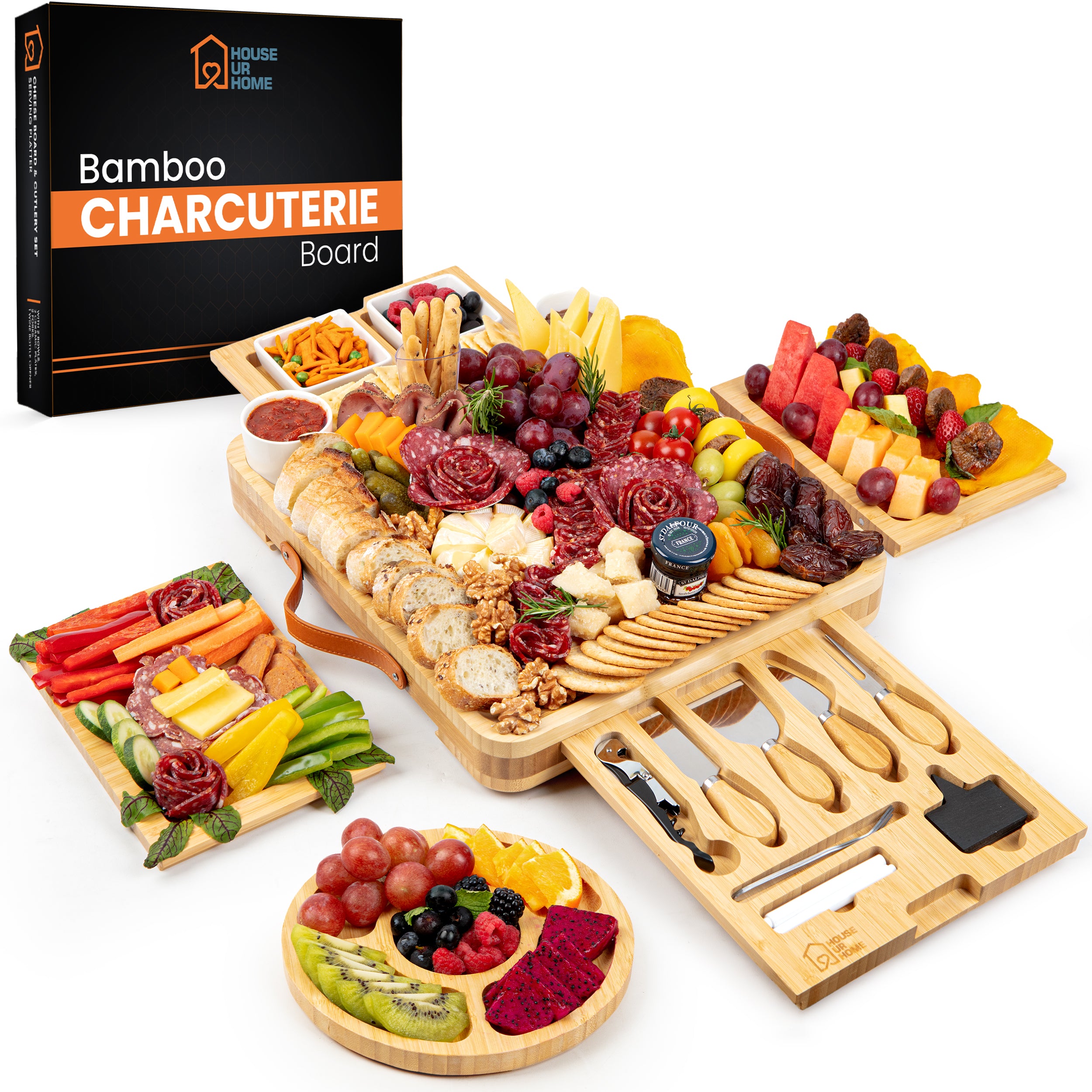 Large Bamboo Charcuterie Boards Gift Set with 4 Hidden Drawers, Cheese Knives, Ceramic Bowls & Plates & Recipe Book