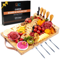 Bamboo Charcuterie Boards Gift Set with Leather Handles, Knife Set, Wine Opener, Ceramic Bowls & Forks
