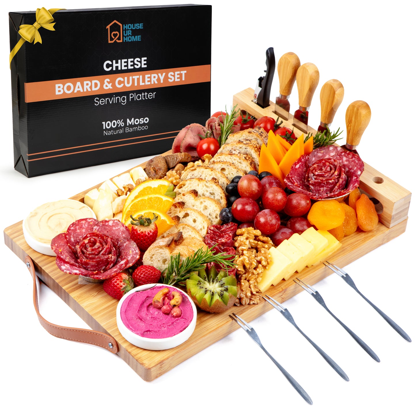Bamboo Charcuterie Boards Gift Set with Leather Handles, Knife Set, Wine Opener, Ceramic Bowls & Forks