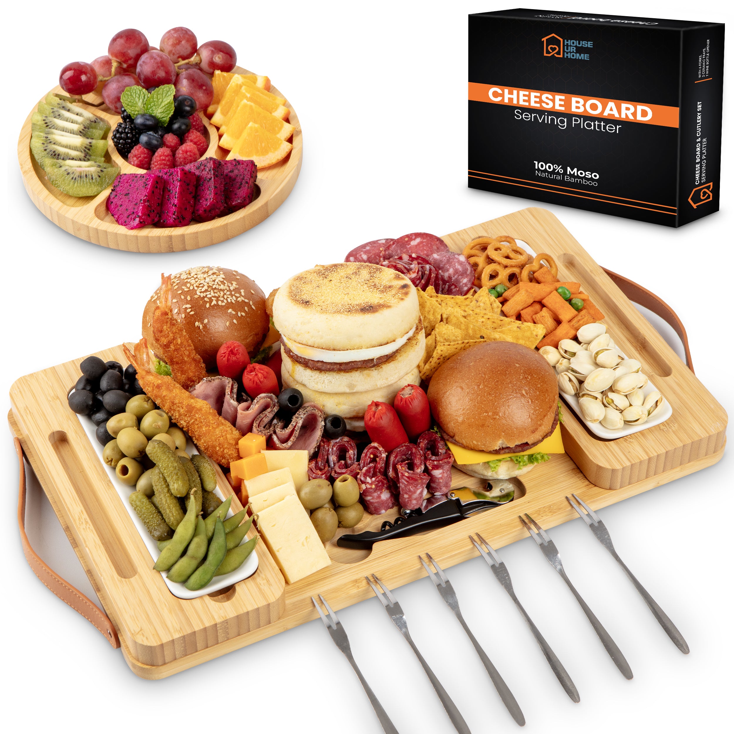 Bamboo Charcuterie Boards Gift Set with Magnetic Removable Side Trays, Fruit Tray, Handles & Bonus Recipe Book