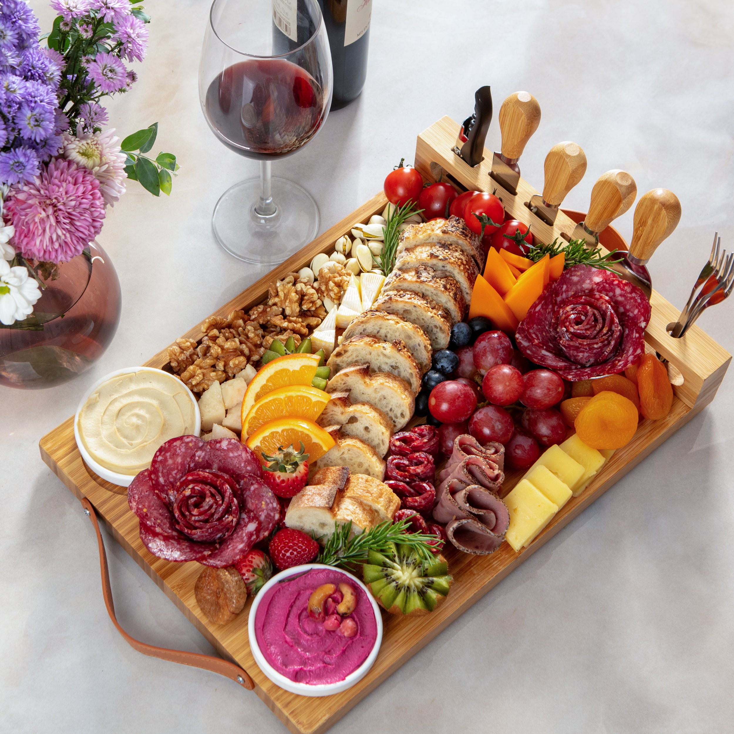 Bamboo Charcuterie Boards Gift Set with Leather Handles, Knife Set, Wine Opener, Ceramic Bowls & Forks