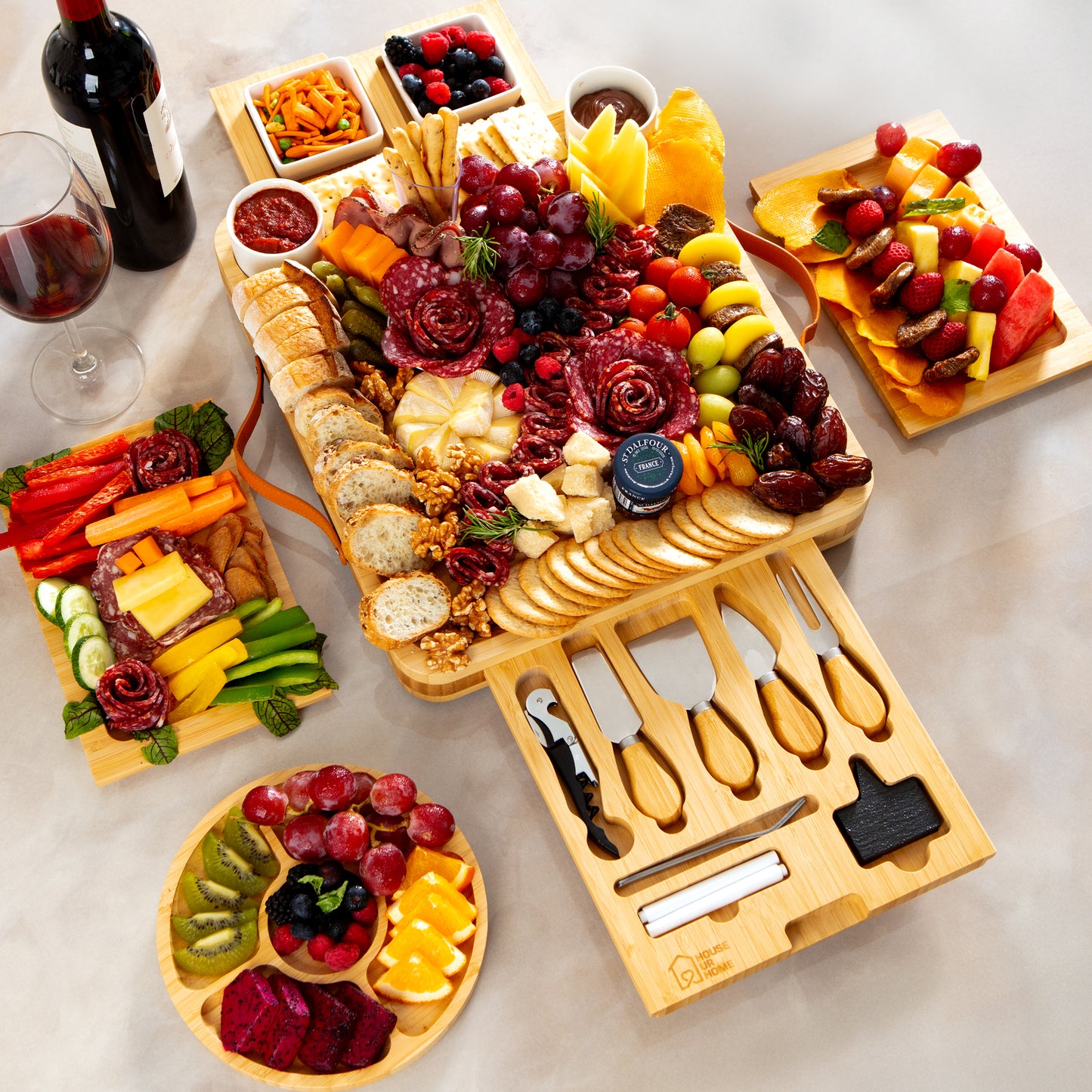 Large Bamboo Charcuterie Boards Gift Set with 4 Hidden Drawers, Cheese Knives, Ceramic Bowls & Plates & Recipe Book