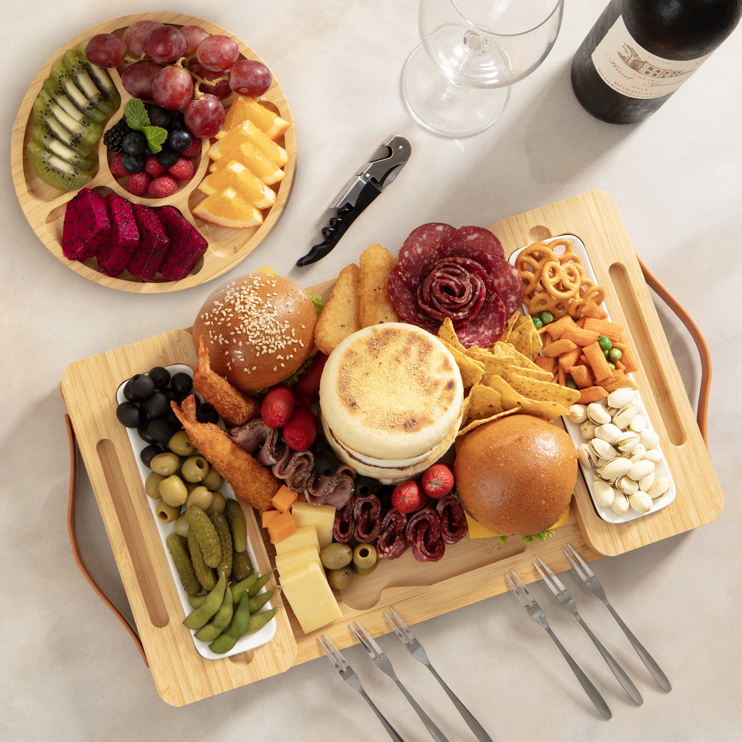 Bamboo Charcuterie Boards Gift Set with Magnetic Removable Side Trays, Fruit Tray, Handles & Bonus Recipe Book