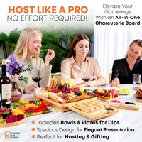 Large Bamboo Charcuterie Boards Gift Set with 4 Hidden Drawers, Cheese Knives, Ceramic Bowls & Plates & Recipe Book