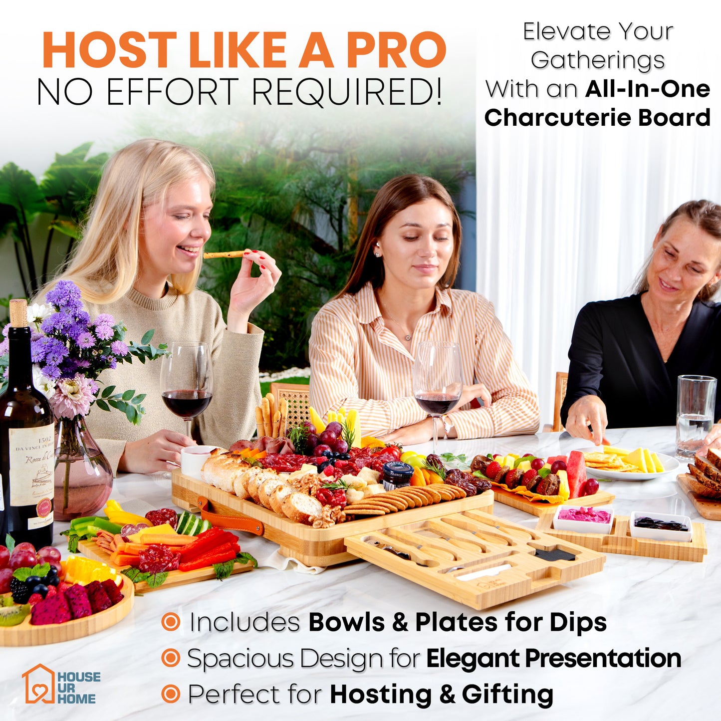 Large Bamboo Charcuterie Boards Gift Set with 4 Hidden Drawers, Cheese Knives, Ceramic Bowls & Plates & Recipe Book