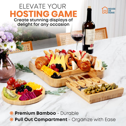 Large Bamboo Charcuterie Board Gift Set with Hidden Drawer, Fruit Tray, Knives & Bowls for Hosting & Holiday Entertaining