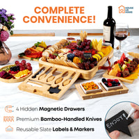 Large Bamboo Charcuterie Boards Gift Set with 4 Hidden Drawers, Cheese Knives, Ceramic Bowls & Plates & Recipe Book
