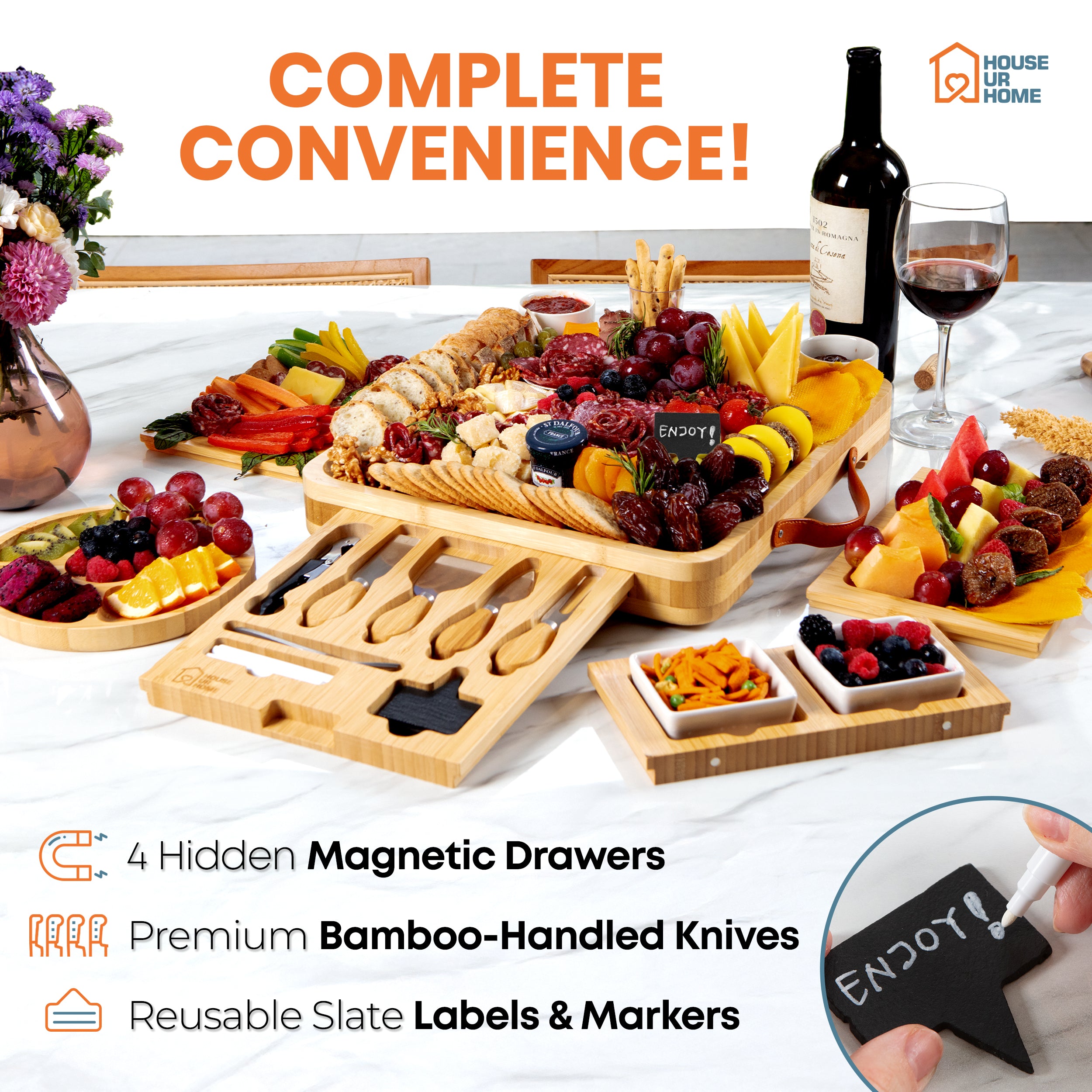 Large Bamboo Charcuterie Boards Gift Set with 4 Hidden Drawers, Cheese Knives, Ceramic Bowls & Plates & Recipe Book