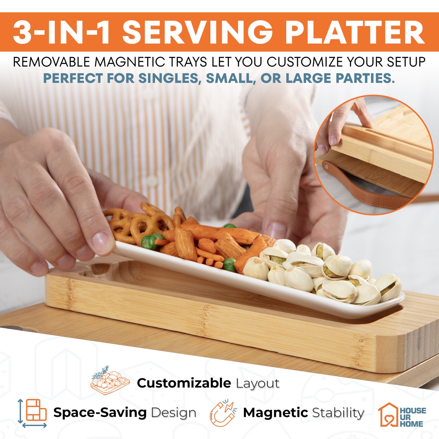 Bamboo Charcuterie Boards Gift Set with Magnetic Removable Side Trays, Fruit Tray, Handles & Bonus Recipe Book