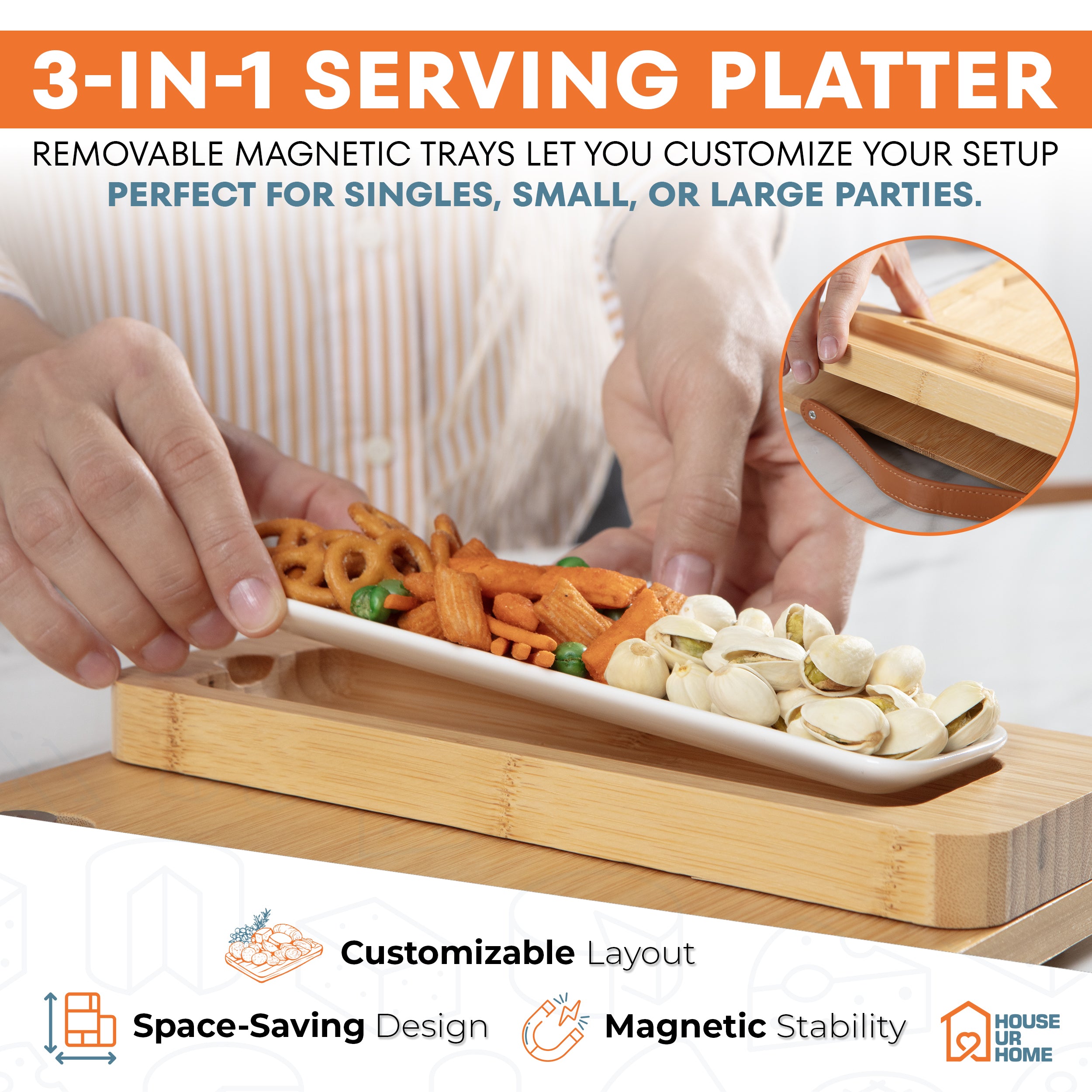 Bamboo Charcuterie Boards Gift Set with Magnetic Removable Side Trays, Fruit Tray, Handles & Bonus Recipe Book