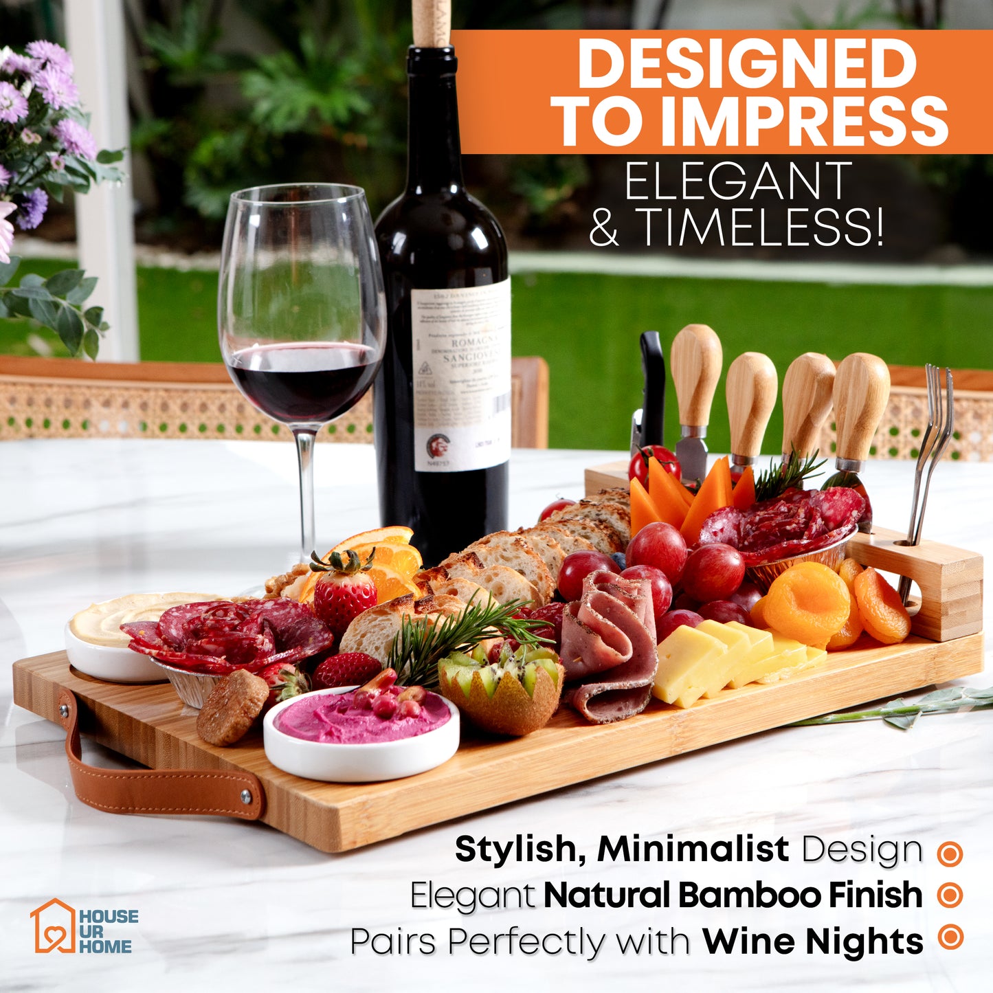 Bamboo Charcuterie Boards Gift Set with Leather Handles, Knife Set, Wine Opener, Ceramic Bowls & Forks