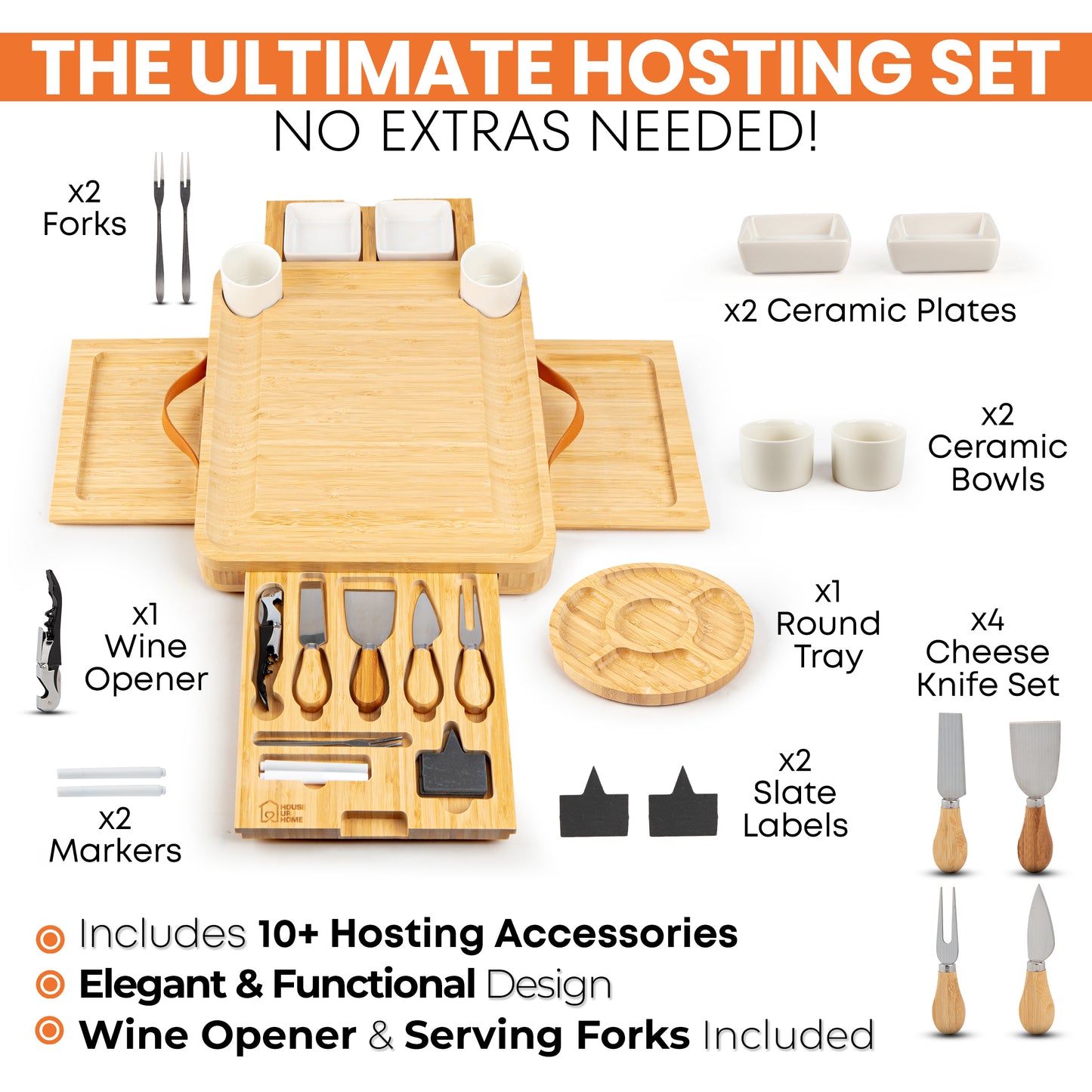 Large Bamboo Charcuterie Boards Gift Set with 4 Hidden Drawers, Cheese Knives, Ceramic Bowls & Plates & Recipe Book