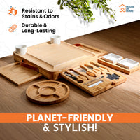 Large Bamboo Charcuterie Boards Gift Set with 4 Hidden Drawers, Cheese Knives, Ceramic Bowls & Plates & Recipe Book