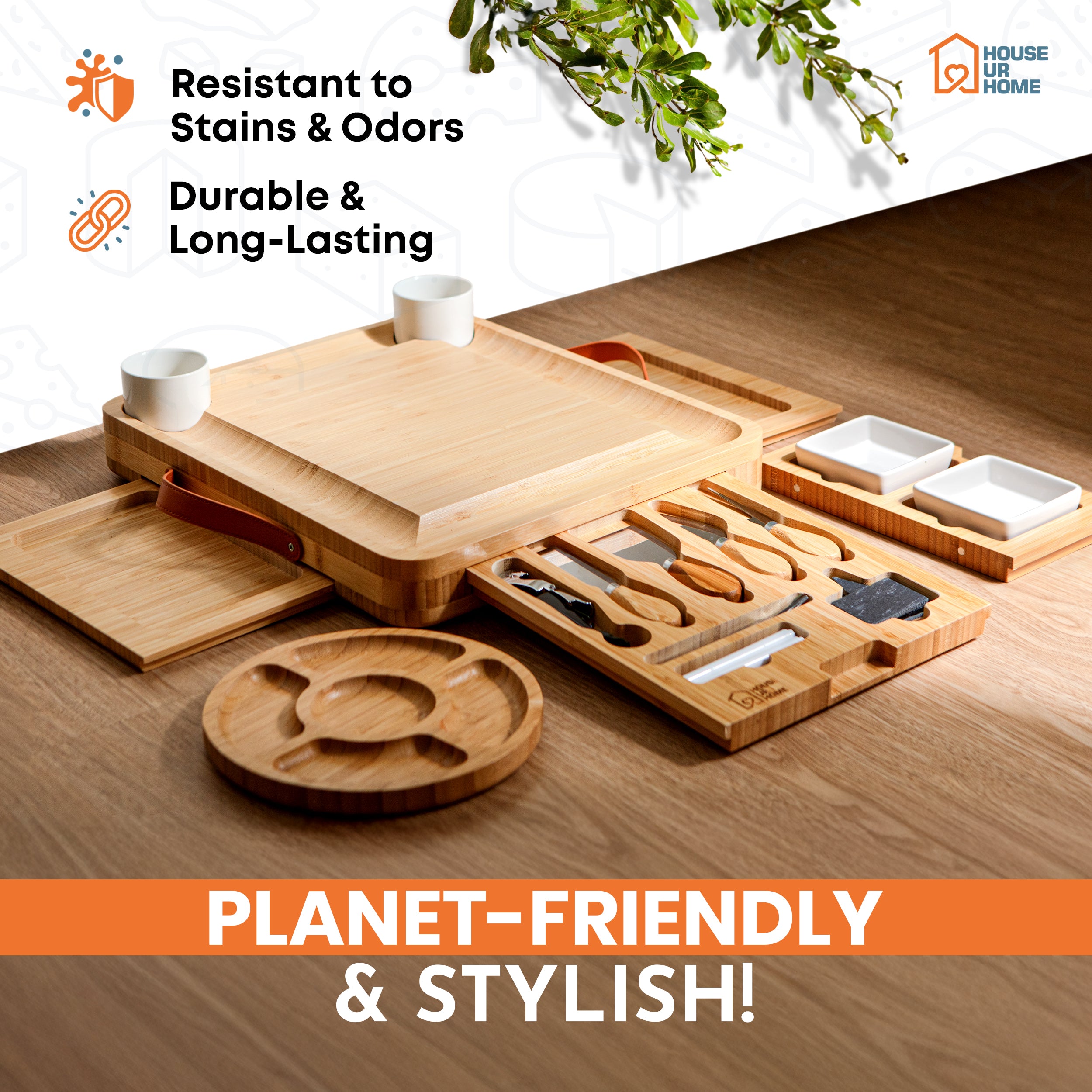 Large Bamboo Charcuterie Boards Gift Set with 4 Hidden Drawers, Cheese Knives, Ceramic Bowls & Plates & Recipe Book