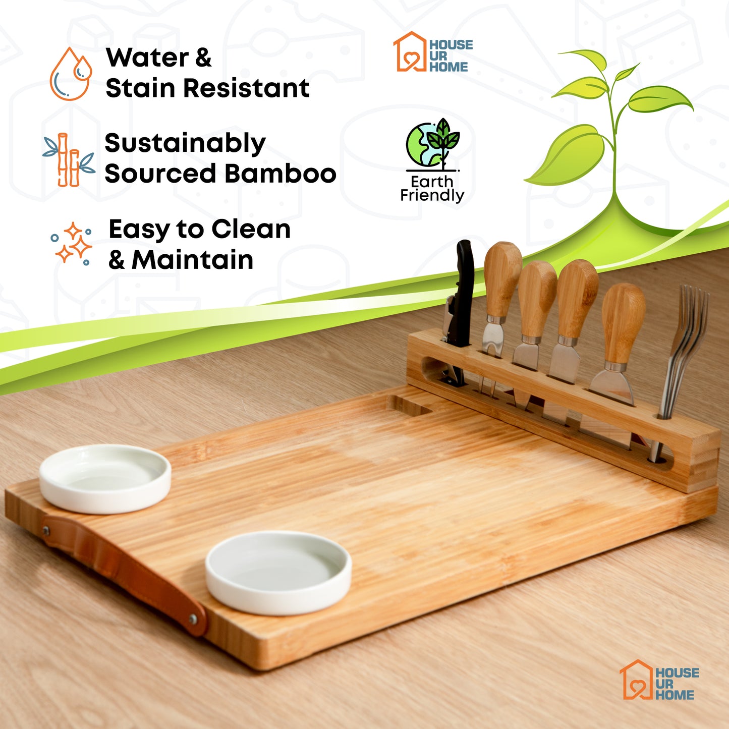 Bamboo Charcuterie Boards Gift Set with Leather Handles, Knife Set, Wine Opener, Ceramic Bowls & Forks