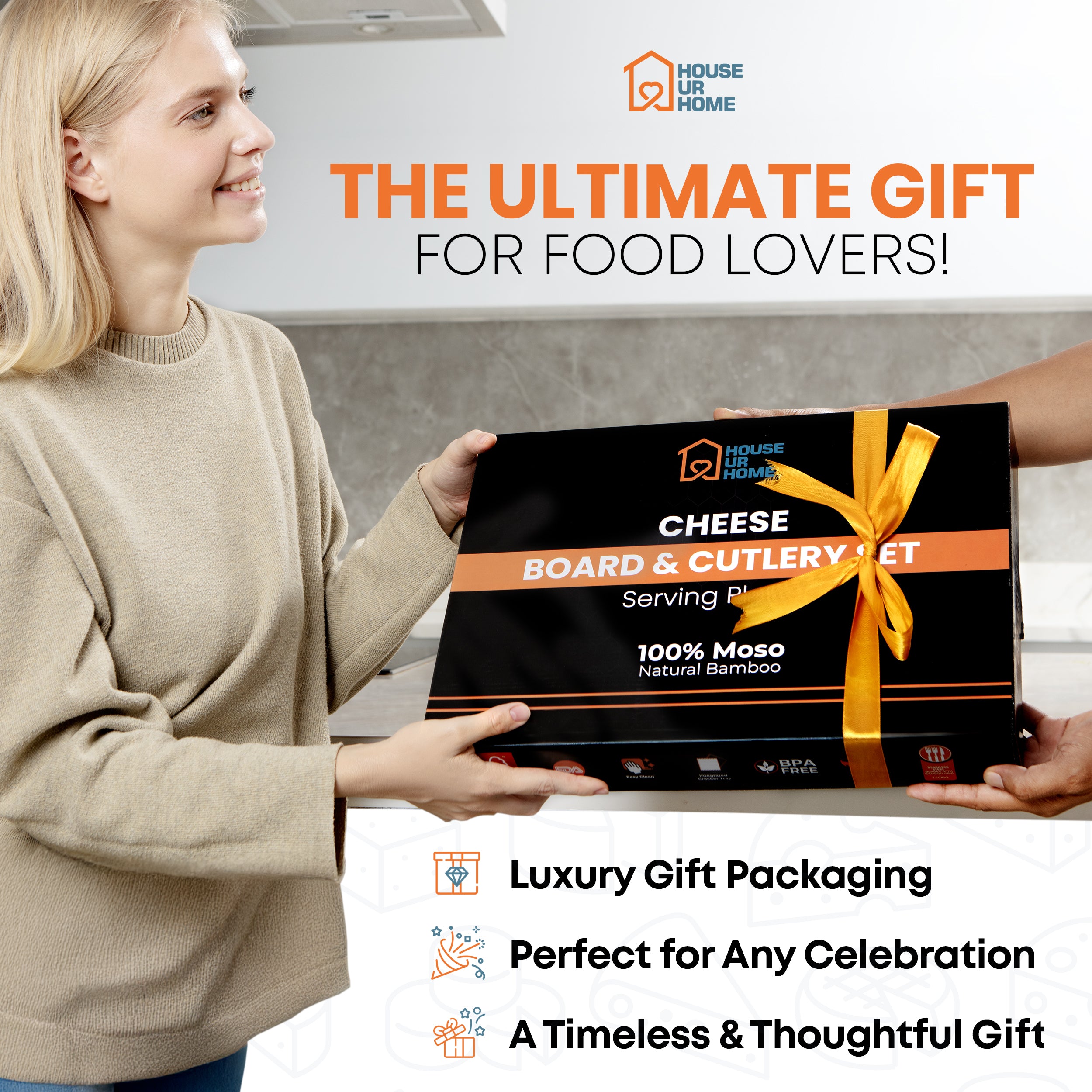 Bamboo Charcuterie Boards Gift Set with Leather Handles, Knife Set, Wine Opener, Ceramic Bowls & Forks