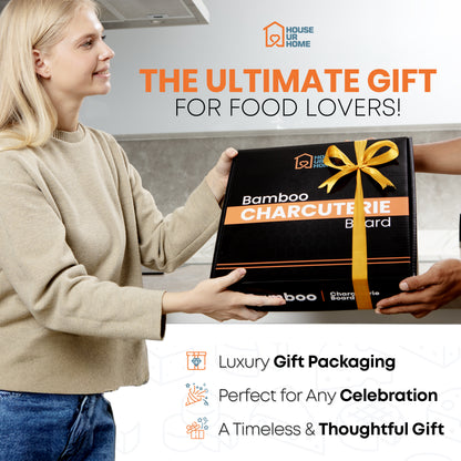 Large Bamboo Charcuterie Board Gift Set with Hidden Drawer, Fruit Tray, Knives & Bowls for Hosting & Holiday Entertaining