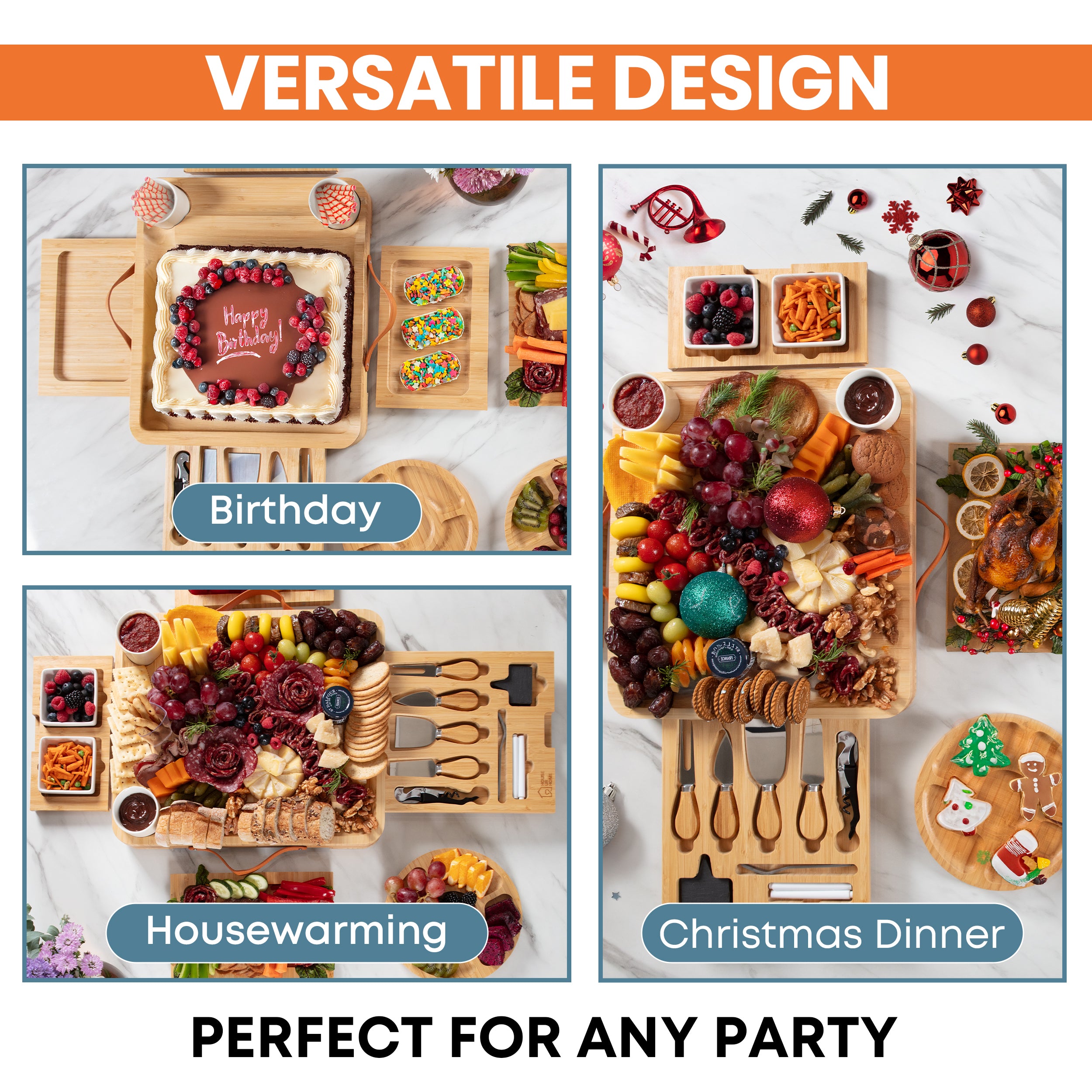 Large Bamboo Charcuterie Boards Gift Set with 4 Hidden Drawers, Cheese Knives, Ceramic Bowls & Plates & Recipe Book