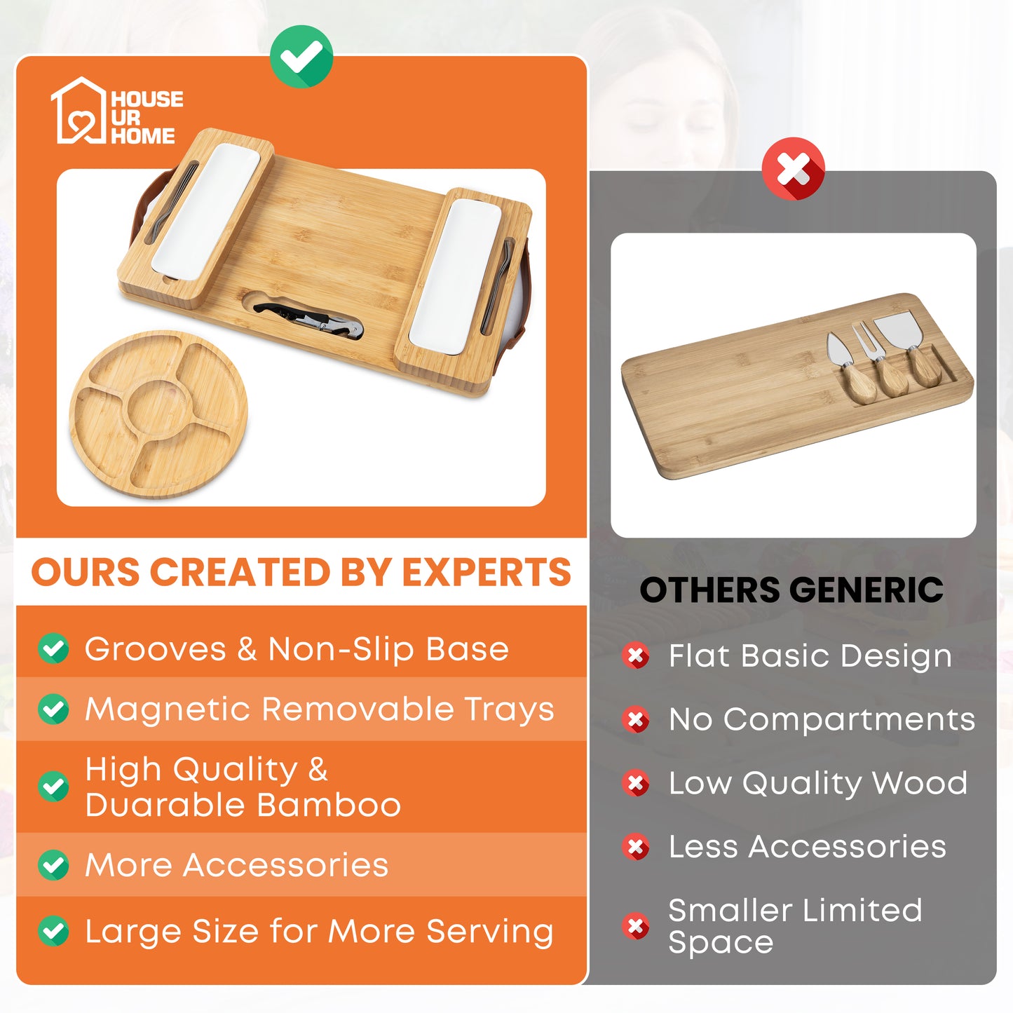 Bamboo Charcuterie Boards Gift Set with Magnetic Removable Side Trays, Fruit Tray, Handles & Bonus Recipe Book