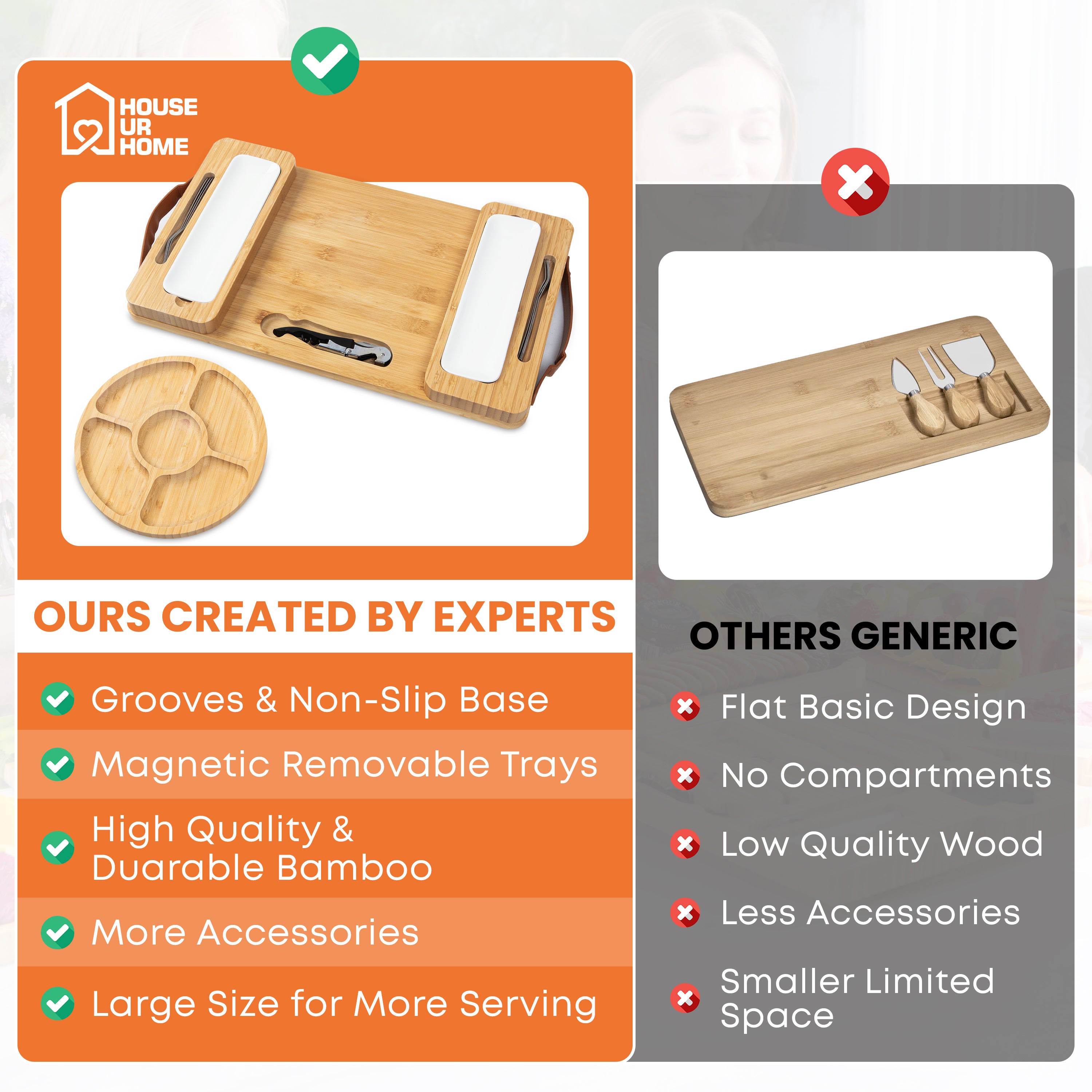 Bamboo Charcuterie Boards Gift Set with Magnetic Removable Side Trays, Fruit Tray, Handles & Bonus Recipe Book