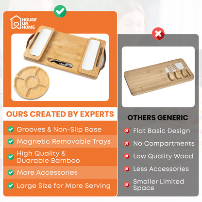 Bamboo Charcuterie Boards Gift Set with Magnetic Removable Side Trays, Fruit Tray, Handles, Cutlery-Ready Box & House Warming Gifts New Home