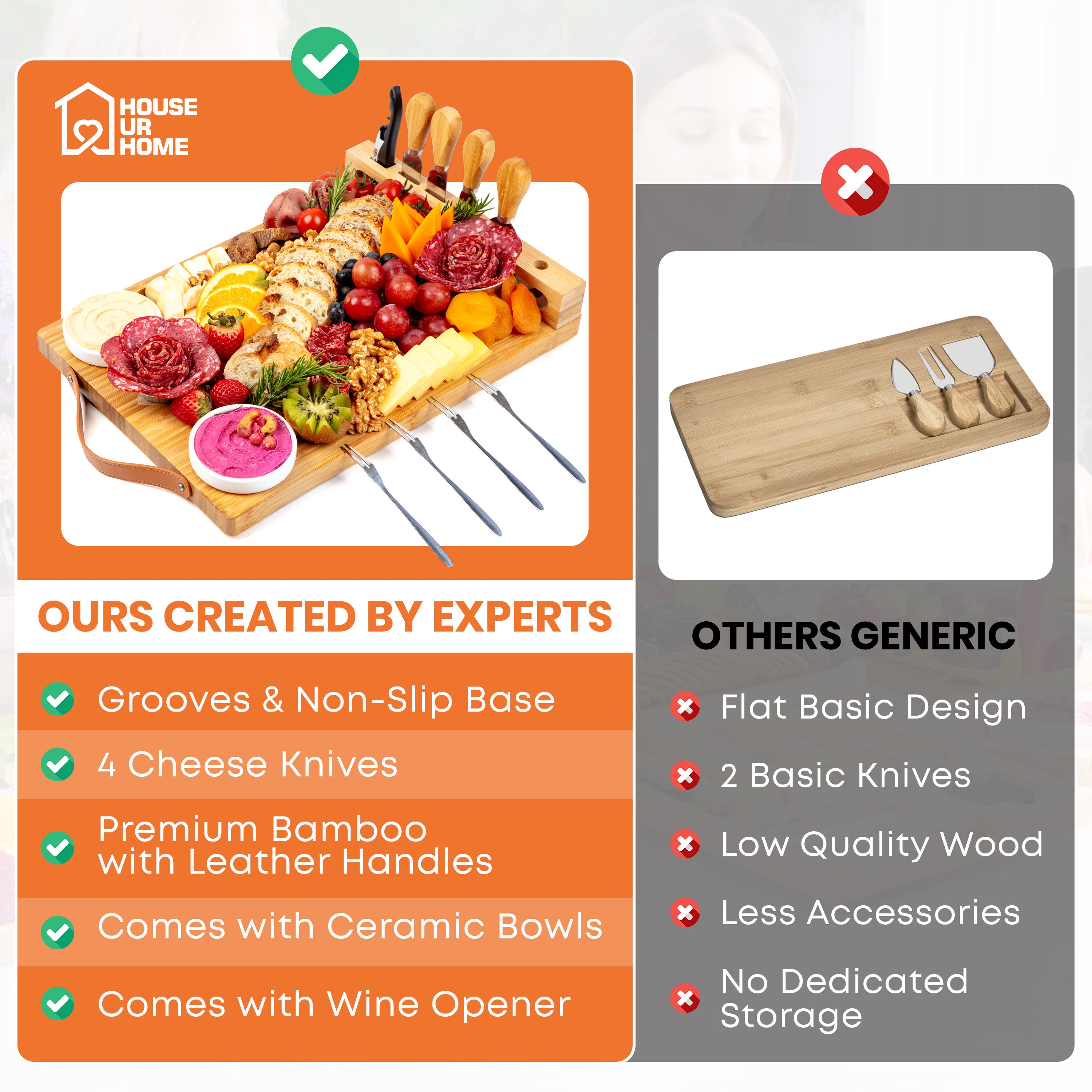 Bamboo Charcuterie Boards Gift Set with Leather Handles, Knife Set, Wine Opener, Ceramic Bowls & Forks