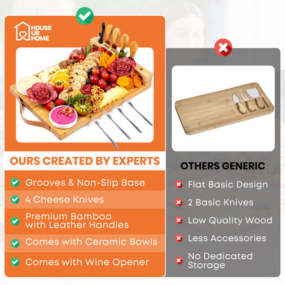 Bamboo Charcuterie Board Gift Set with Leather Handles, Knives, Wine Opener & Bowls – Elegant for Hosts, Couples & New Homeowners