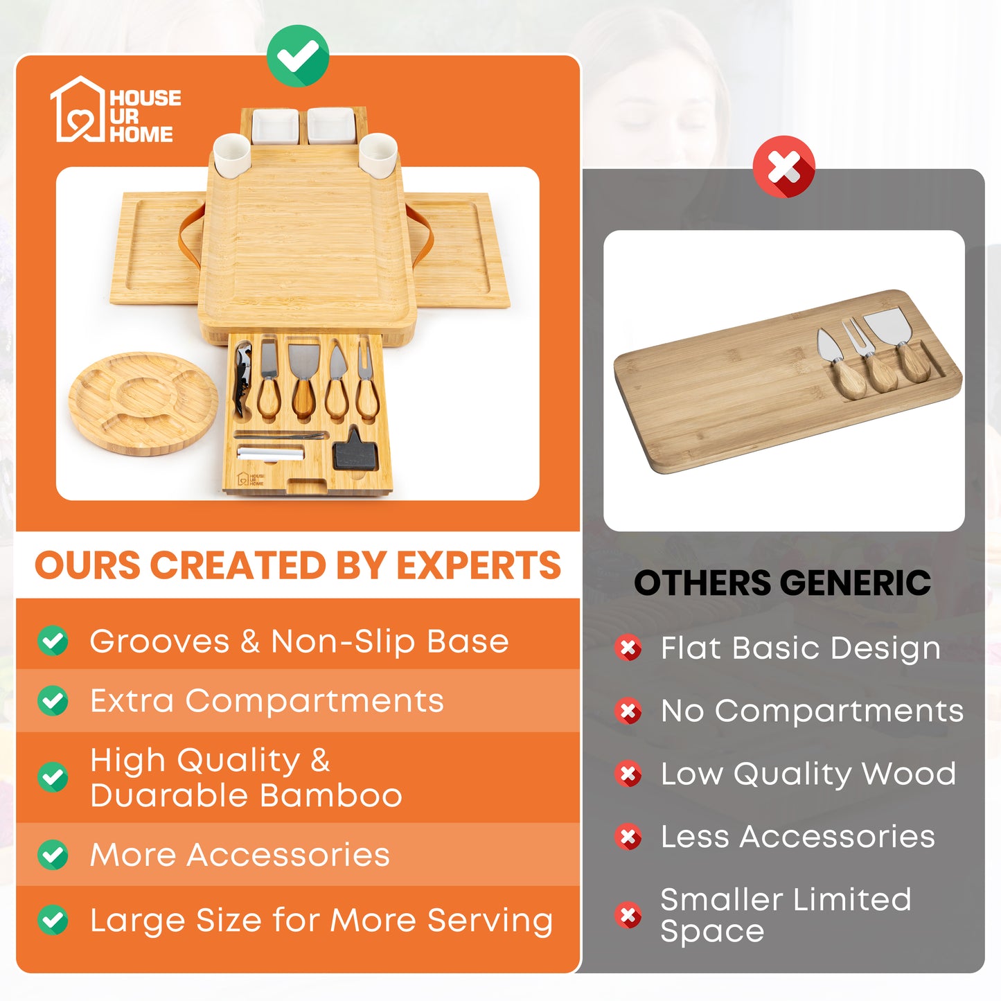 Large Bamboo Charcuterie Boards Gift Set with 4 Hidden Drawers, Cheese Knives, Ceramic Bowls & Plates & Recipe Book