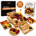 Large bamboo charcuterie board with hidden drawers shown alongside the Ultimate Charcuterie Experience recipe book