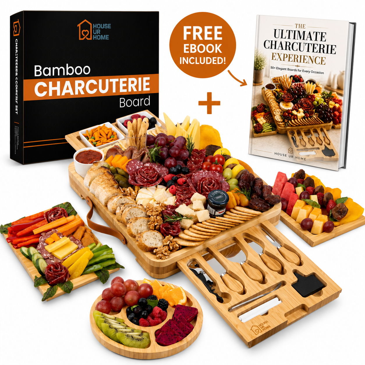 Large bamboo charcuterie board with hidden drawers shown alongside the Ultimate Charcuterie Experience recipe book