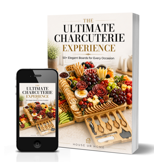 Ultimate Charcuterie Experience recipe book shown as an ebook on a smartphone and as a paperback